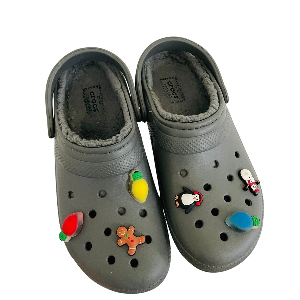 Crocs Sherpa Lined Grey Holiday‎ Charms Mens 10/Womens 12 Slippers Cozy Unisex